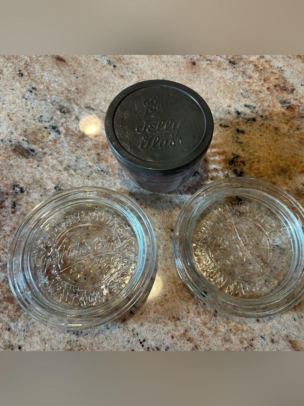 (4)Mason Jar Glass Coasters 4.25” + Vintage Purple Ball Jelly Glass Metal Sealed